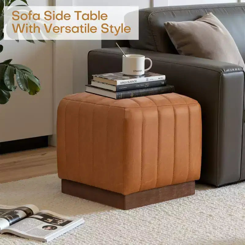 Bekrvio Cube Pouf Ottoman avec Base Effet Bois, Repose-pieds Rembourré en Laine d'Agneau/Cuir avec Cadre en Bois d'Acacia Massif (227 kg), Ottoman de Salon