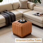 Bekrvio Cube Pouf Ottoman avec Base Effet Bois, Repose-pieds Rembourré en Laine d'Agneau/Cuir avec Cadre en Bois d'Acacia Massif (227 kg), Ottoman de Salon