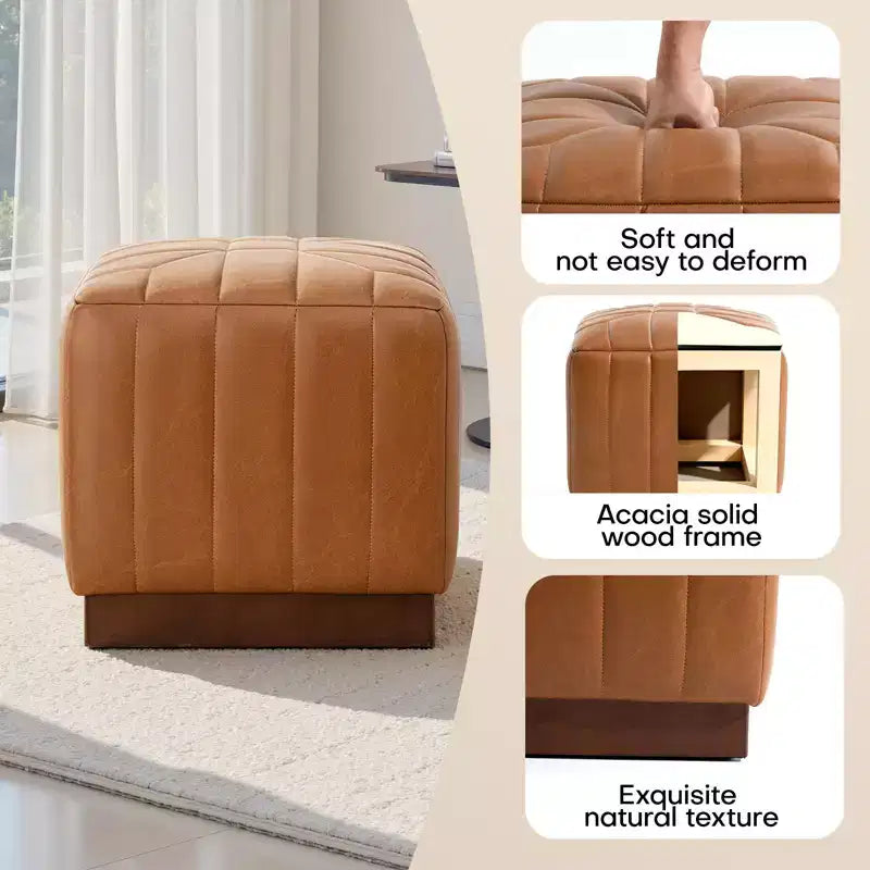 Bekrvio Cube Pouf Ottoman avec Base Effet Bois, Repose-pieds Rembourré en Laine d'Agneau/Cuir avec Cadre en Bois d'Acacia Massif (227 kg), Ottoman de Salon