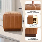 Bekrvio Cube Pouf Ottoman avec Base Effet Bois, Repose-pieds Rembourré en Laine d'Agneau/Cuir avec Cadre en Bois d'Acacia Massif (227 kg), Ottoman de Salon