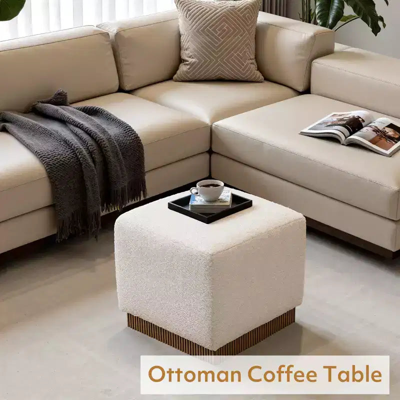 Bekrvio Cube Pouf Ottoman avec Base Effet Bois, Repose-pieds Rembourré en Laine d'Agneau/Cuir avec Cadre en Bois d'Acacia Massif (227 kg), Ottoman de Salon