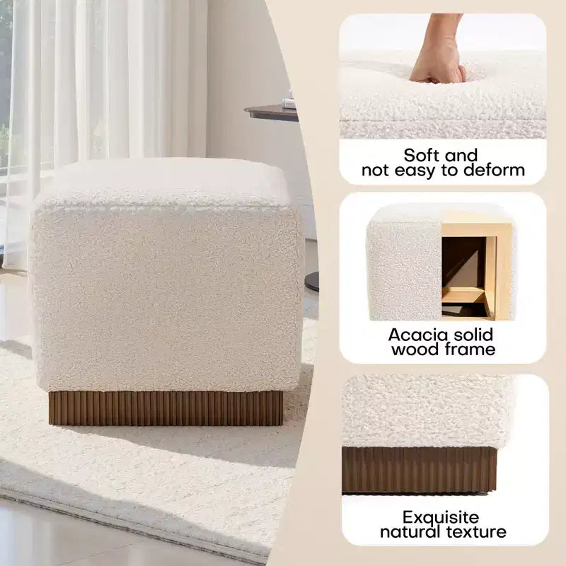 Bekrvio Cube Pouf Ottoman avec Base Effet Bois, Repose-pieds Rembourré en Laine d'Agneau/Cuir avec Cadre en Bois d'Acacia Massif (227 kg), Ottoman de Salon