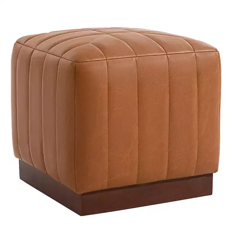 Bekrvio Cube Pouf Ottoman avec Base Effet Bois, Repose-pieds Rembourré en Laine d'Agneau/Cuir avec Cadre en Bois d'Acacia Massif (227 kg), Ottoman de Salon
