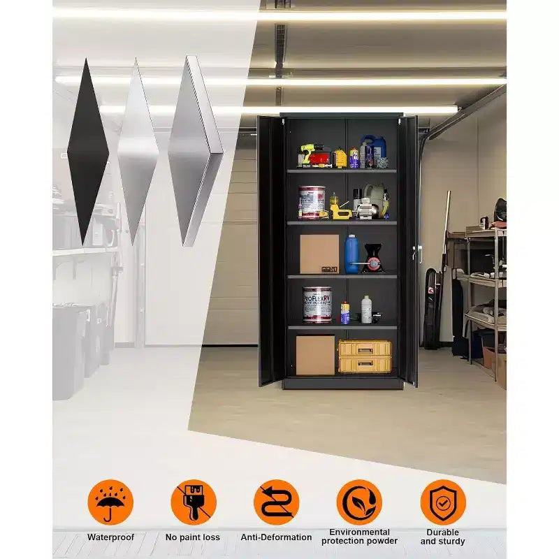 Armoire roulante verrouillable de 183 cm, rangement de garage robuste pour atelier/entrepôt - Conception de porte perforée, armoire mobile en acier (noir)