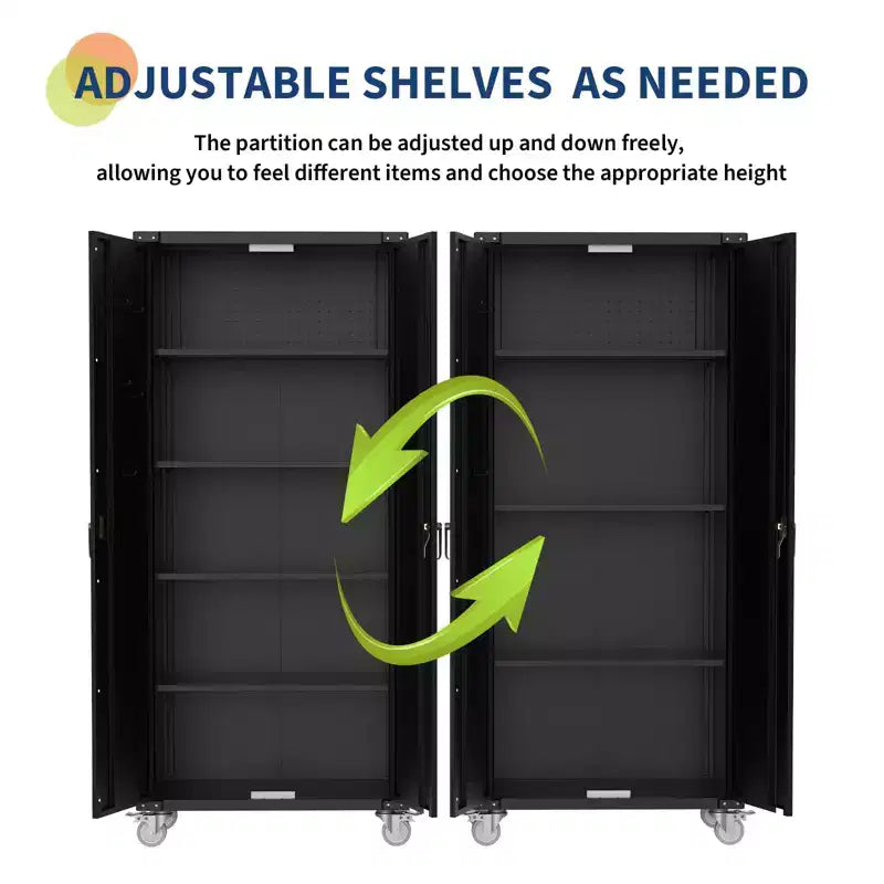 Armoire roulante verrouillable de 183 cm, rangement de garage robuste pour atelier/entrepôt - Conception de porte perforée, armoire mobile en acier (noir)