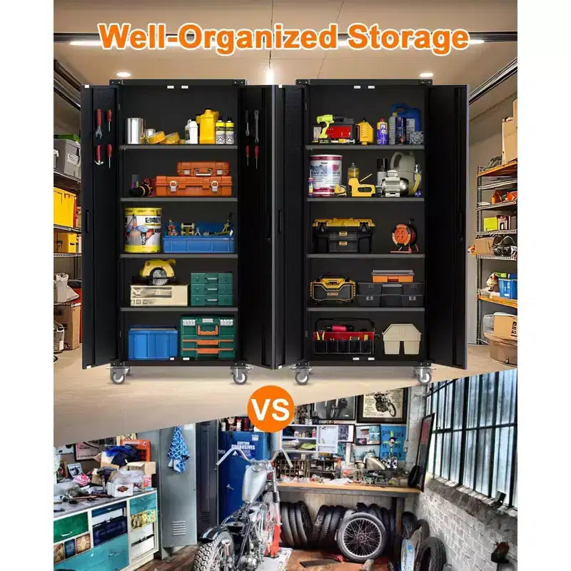 Armoire roulante verrouillable de 183 cm, rangement de garage robuste pour atelier/entrepôt - Conception de porte perforée, armoire mobile en acier (noir)