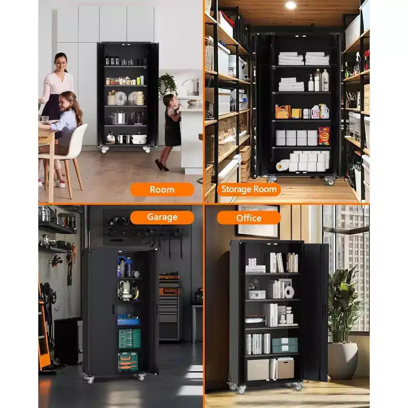 Armoire roulante verrouillable de 183 cm, rangement de garage robuste pour atelier/entrepôt - Conception de porte perforée, armoire mobile en acier (noir)