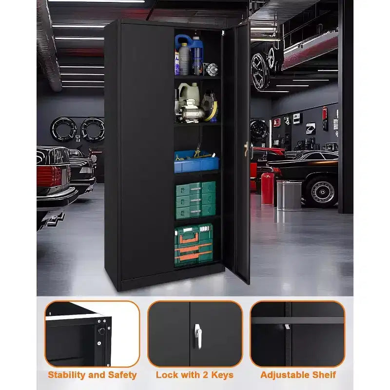 Armoire roulante verrouillable de 183 cm, rangement de garage robuste pour atelier/entrepôt - Conception de porte perforée, armoire mobile en acier (noir)