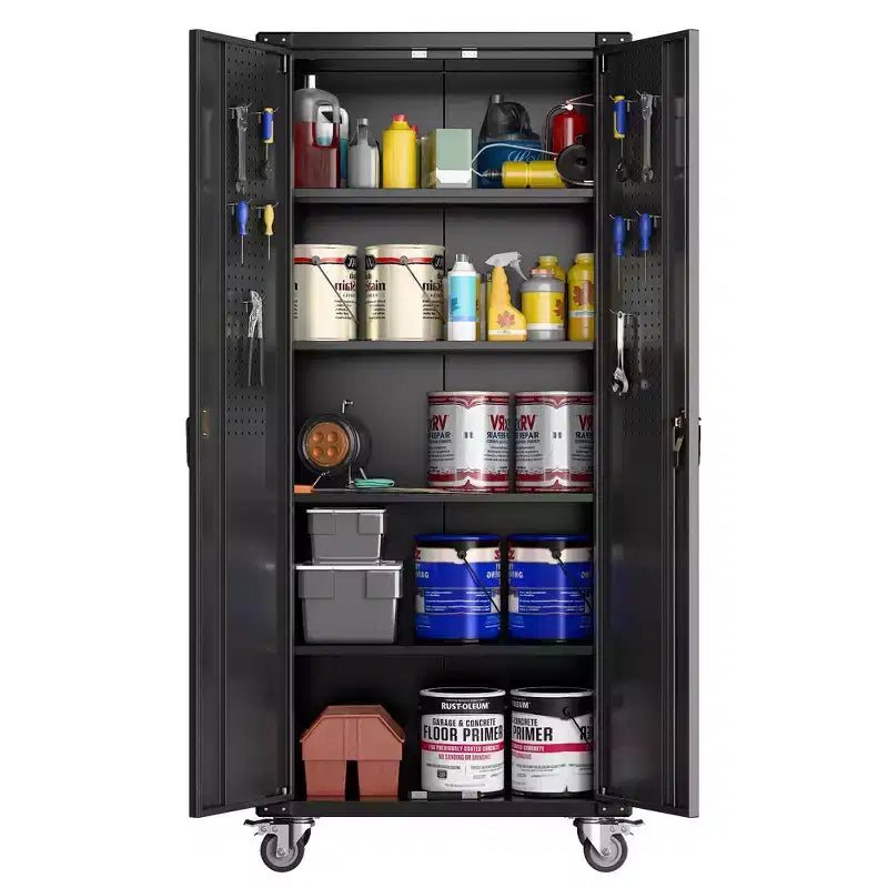 Armoire roulante verrouillable de 183 cm, rangement de garage robuste pour atelier/entrepôt - Conception de porte perforée, armoire mobile en acier (noir)