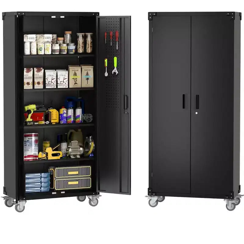 Armoire roulante verrouillable de 183 cm, rangement de garage robuste pour atelier/entrepôt - Conception de porte perforée, armoire mobile en acier (noir)