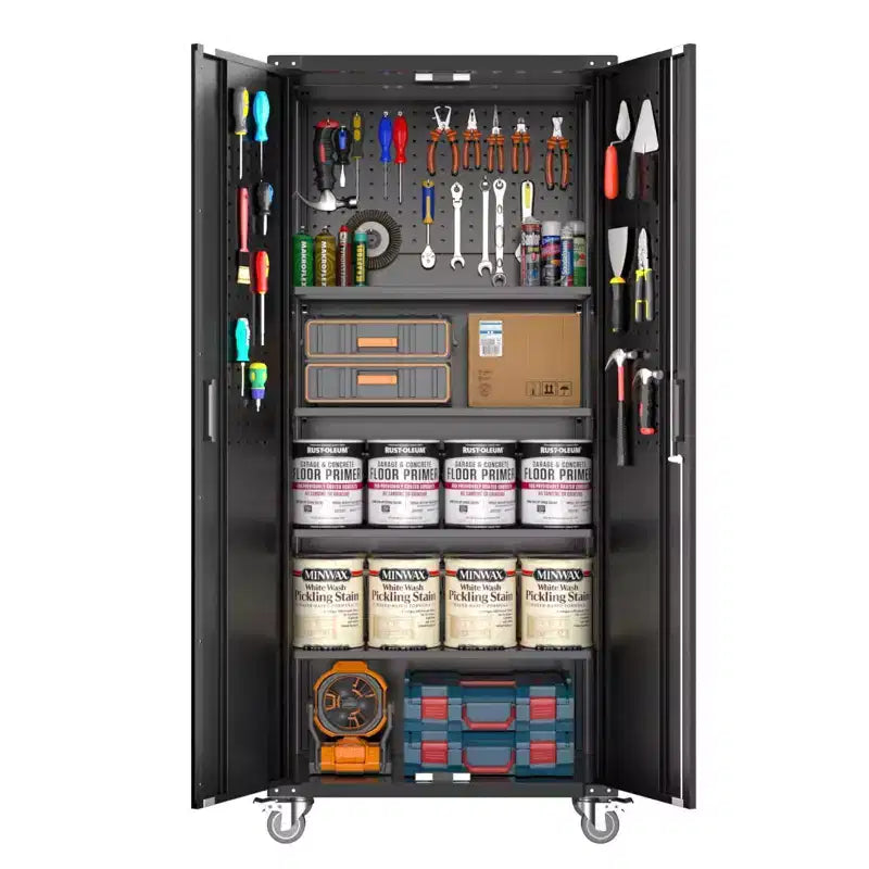 Armoire roulante verrouillable de 183 cm, rangement de garage robuste pour atelier/entrepôt - Conception de porte perforée, armoire mobile en acier (noir)