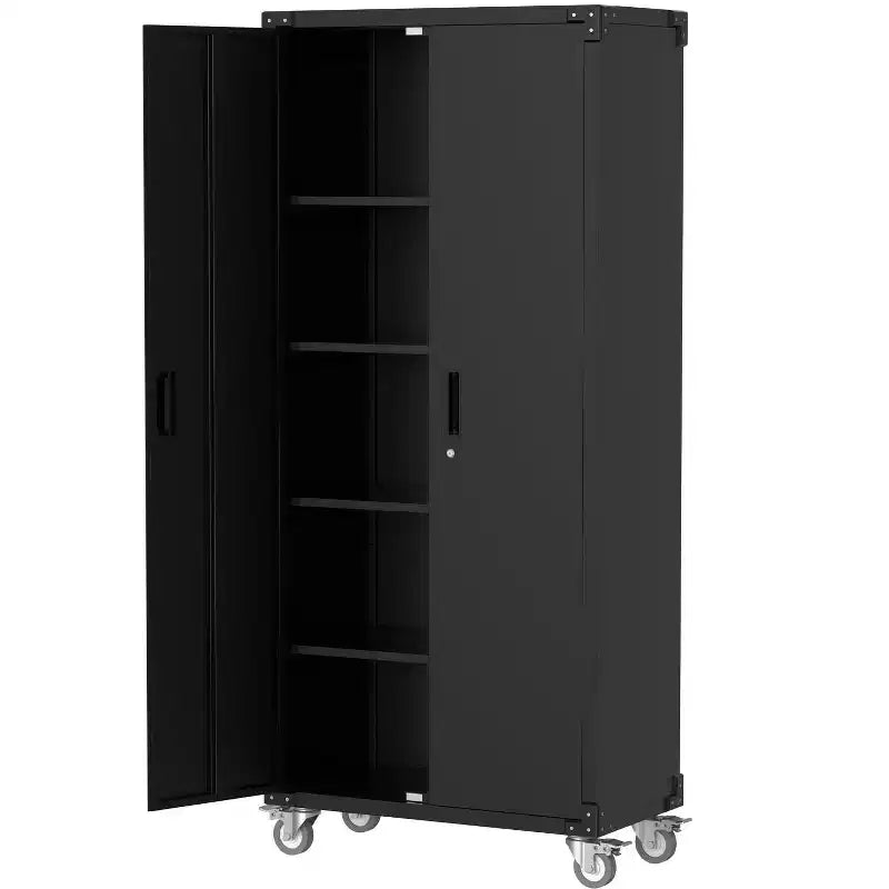 Armoire roulante verrouillable de 183 cm, rangement de garage robuste pour atelier/entrepôt - Conception de porte perforée, armoire mobile en acier (noir)