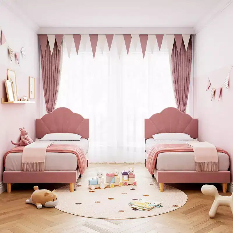 Cadre de lit Twin XL, Lit plateforme en velours capitonné avec tête de lit réglable en hauteur, Support à lattes en bois, Pas besoin de sommier, Rose clair