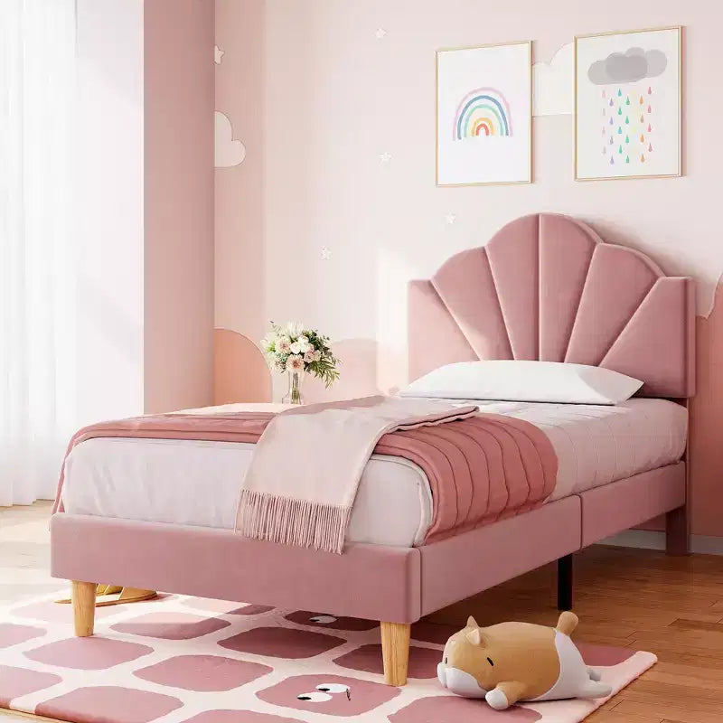 Cadre de lit Twin XL, Lit plateforme en velours capitonné avec tête de lit réglable en hauteur, Support à lattes en bois, Pas besoin de sommier, Rose clair