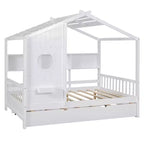 Bellemave Lit cabane en bois de taille double avec lit gigogne et étagères de rangement, cadre de lit cabane pour enfants, bois de pin massif, blanc