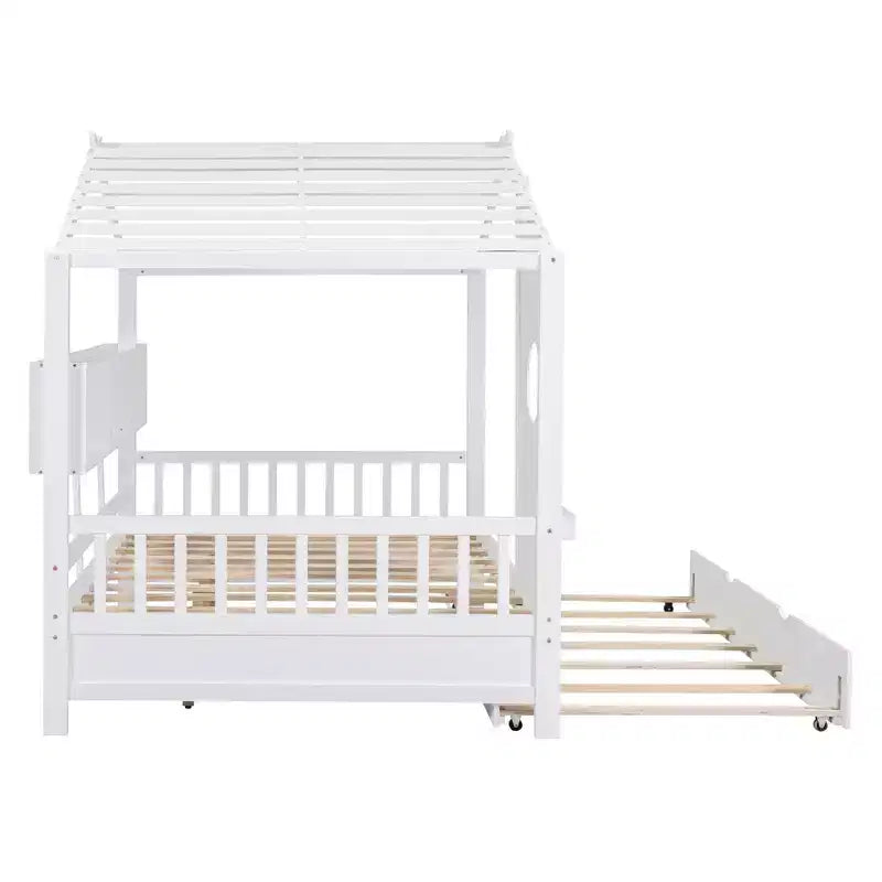 Bellemave Lit cabane en bois de taille double avec lit gigogne et étagères de rangement, cadre de lit cabane pour enfants, bois de pin massif, blanc