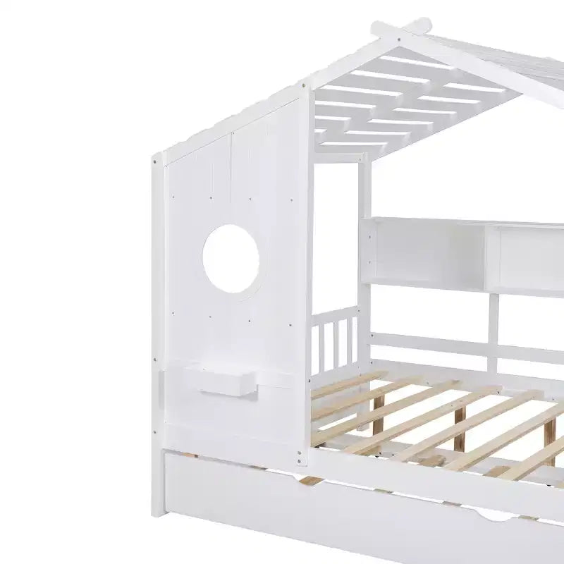 Bellemave Lit cabane en bois de taille double avec lit gigogne et étagères de rangement, cadre de lit cabane pour enfants, bois de pin massif, blanc