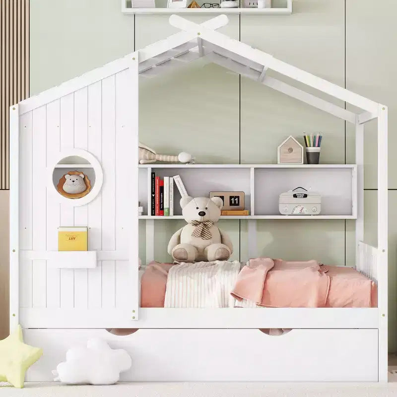 Bellemave Lit cabane en bois de taille double avec lit gigogne et étagères de rangement, cadre de lit cabane pour enfants, bois de pin massif, blanc