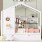 Bellemave Lit cabane en bois de taille double avec lit gigogne et étagères de rangement, cadre de lit cabane pour enfants, bois de pin massif, blanc