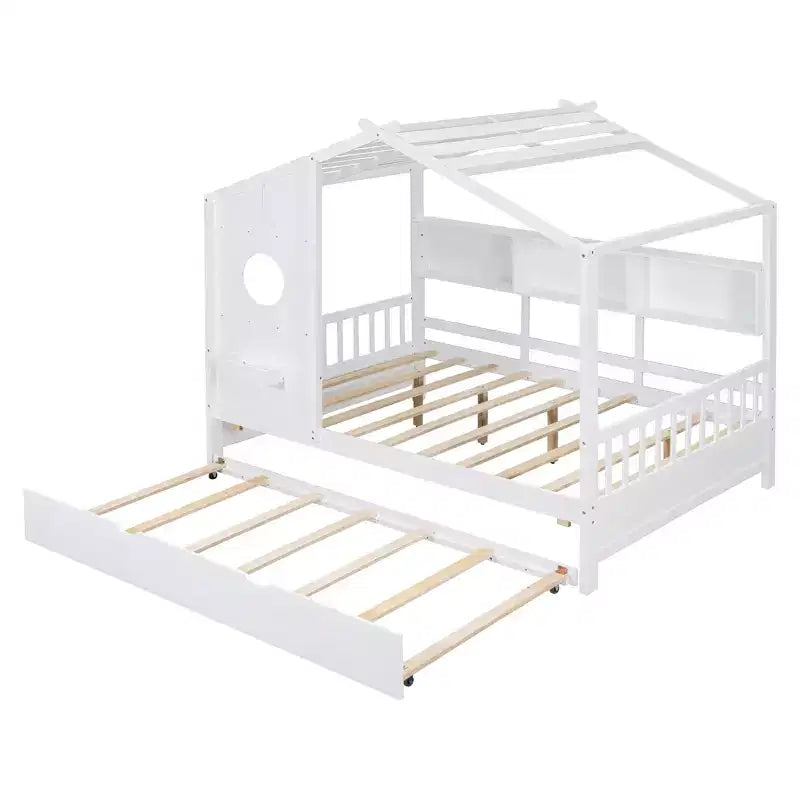 Bellemave Lit cabane en bois de taille double avec lit gigogne et étagères de rangement, cadre de lit cabane pour enfants, bois de pin massif, blanc