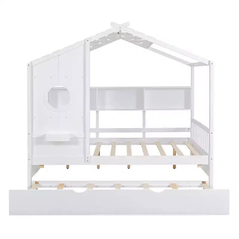 Bellemave Lit cabane en bois de taille double avec lit gigogne et étagères de rangement, cadre de lit cabane pour enfants, bois de pin massif, blanc