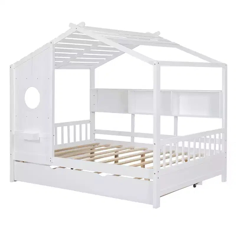 Bellemave Lit cabane en bois de taille double avec lit gigogne et étagères de rangement, cadre de lit cabane pour enfants, bois de pin massif, blanc