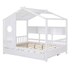 Bellemave Lit cabane en bois de taille double avec lit gigogne et étagères de rangement, cadre de lit cabane pour enfants, bois de pin massif, blanc