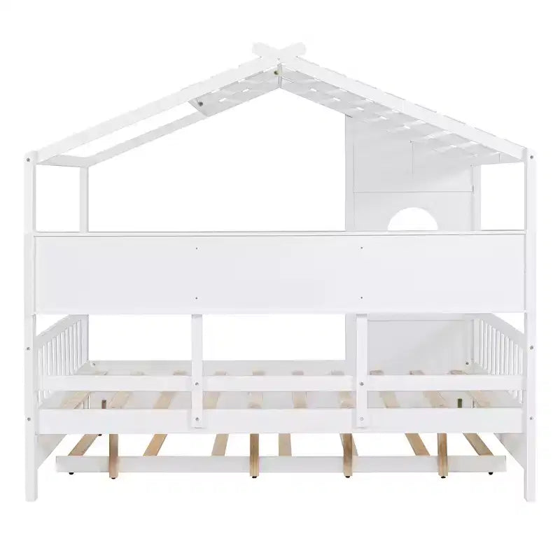 Bellemave Lit cabane en bois de taille double avec lit gigogne et étagères de rangement, cadre de lit cabane pour enfants, bois de pin massif, blanc