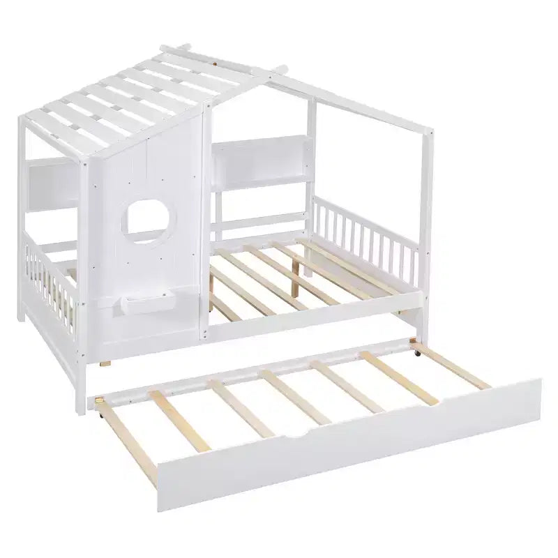 Bellemave Lit cabane en bois de taille double avec lit gigogne et étagères de rangement, cadre de lit cabane pour enfants, bois de pin massif, blanc