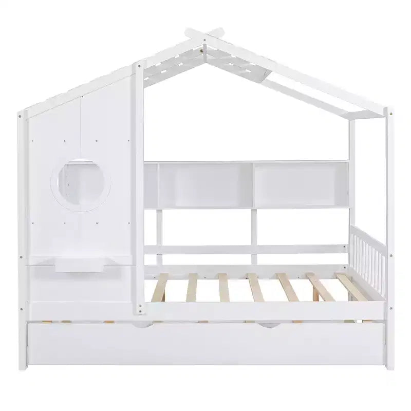 Bellemave Lit cabane en bois de taille double avec lit gigogne et étagères de rangement, cadre de lit cabane pour enfants, bois de pin massif, blanc