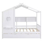 Bellemave Lit cabane en bois de taille double avec lit gigogne et étagères de rangement, cadre de lit cabane pour enfants, bois de pin massif, blanc