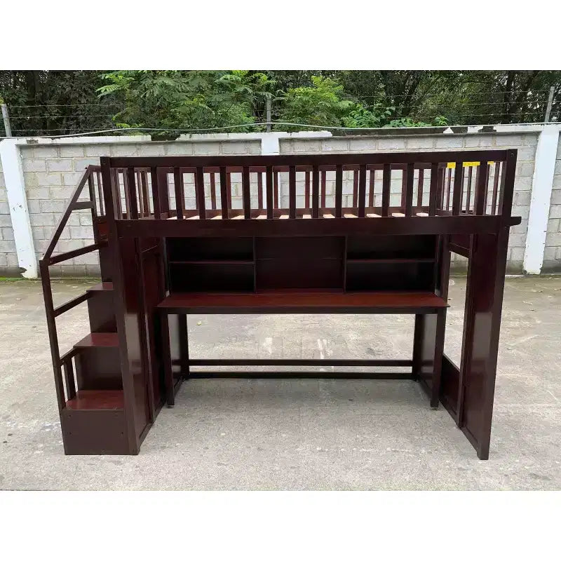 Lit mezzanine jumeau Bellemave avec bureau mobile, escalier de rangement et étagère, aucun sommier tapissier requis
