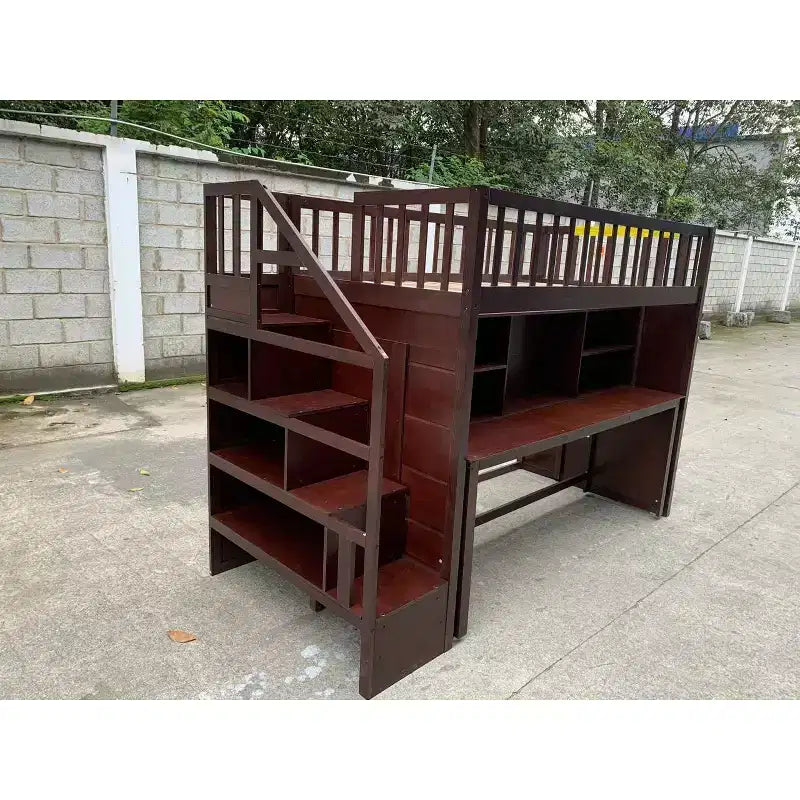 Lit mezzanine jumeau Bellemave avec bureau mobile, escalier de rangement et étagère, aucun sommier tapissier requis