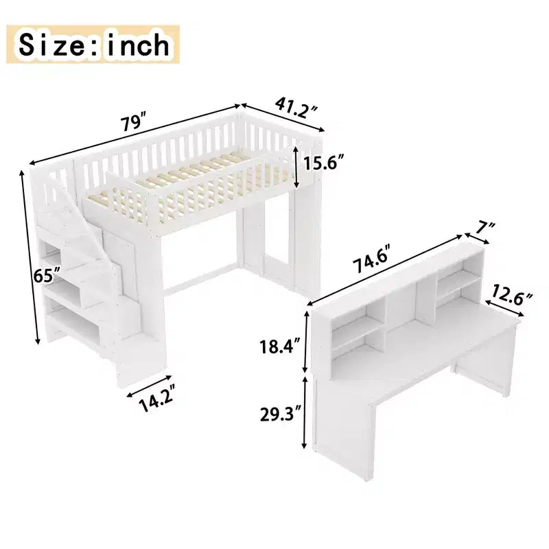 Lit mezzanine jumeau Bellemave avec bureau mobile, escalier de rangement et étagère, aucun sommier tapissier requis
