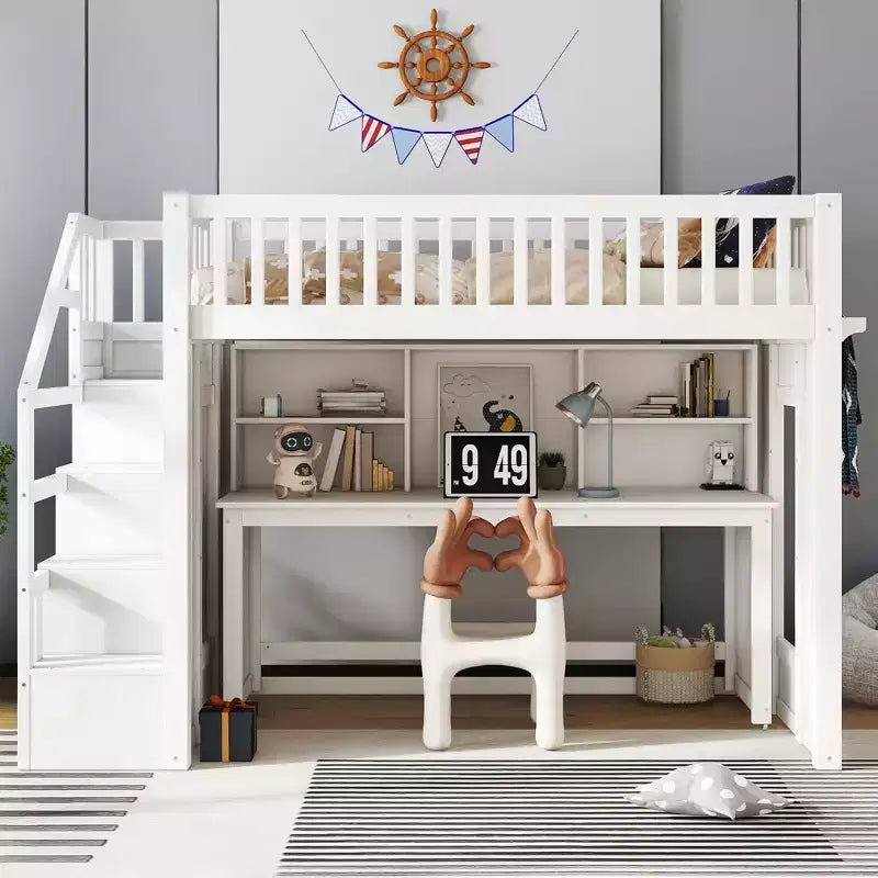 Lit mezzanine jumeau Bellemave avec bureau mobile, escalier de rangement et étagère, aucun sommier tapissier requis