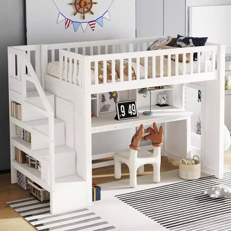 Lit mezzanine jumeau Bellemave avec bureau mobile, escalier de rangement et étagère, aucun sommier tapissier requis