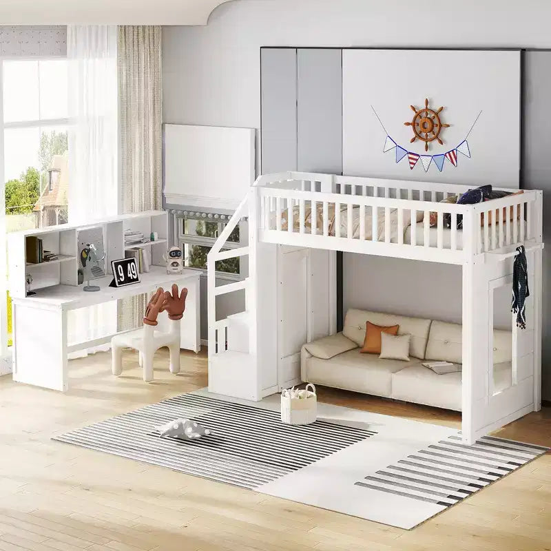 Lit mezzanine jumeau Bellemave avec bureau mobile, escalier de rangement et étagère, aucun sommier tapissier requis