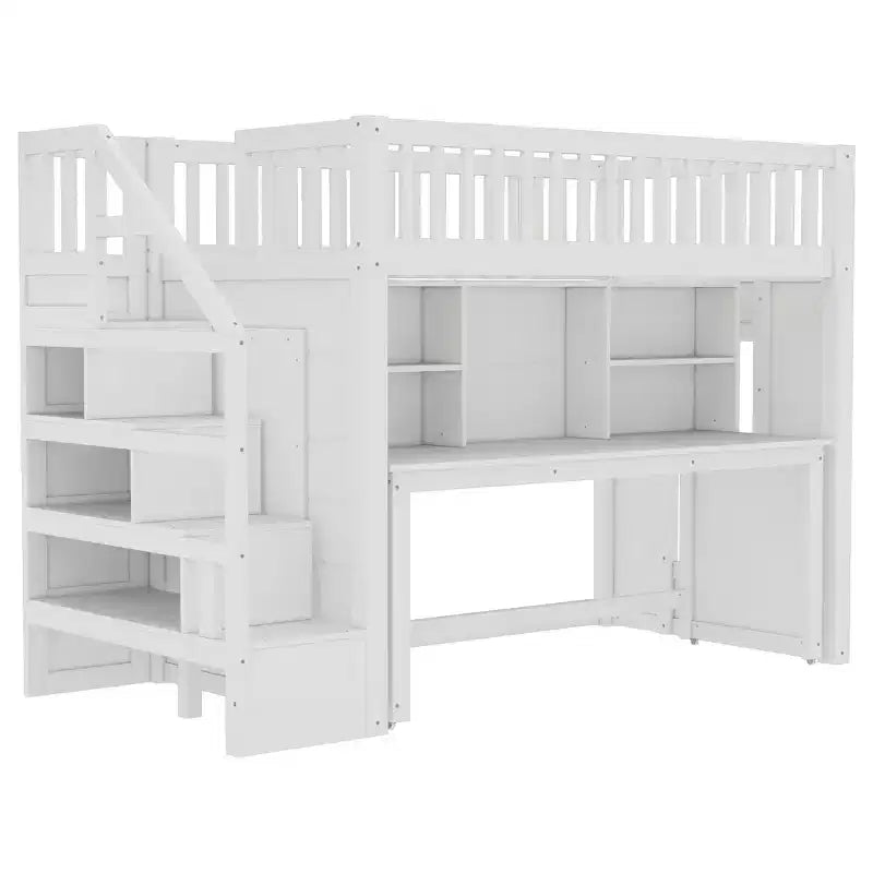 Lit mezzanine jumeau Bellemave avec bureau mobile, escalier de rangement et étagère, aucun sommier tapissier requis