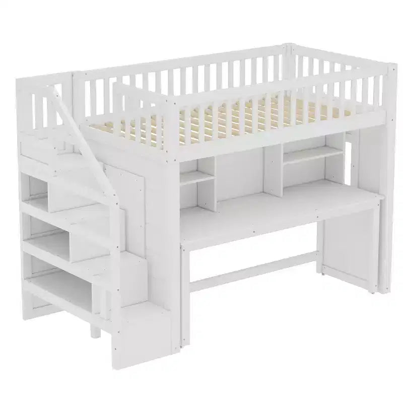 Lit mezzanine jumeau Bellemave avec bureau mobile, escalier de rangement et étagère, aucun sommier tapissier requis