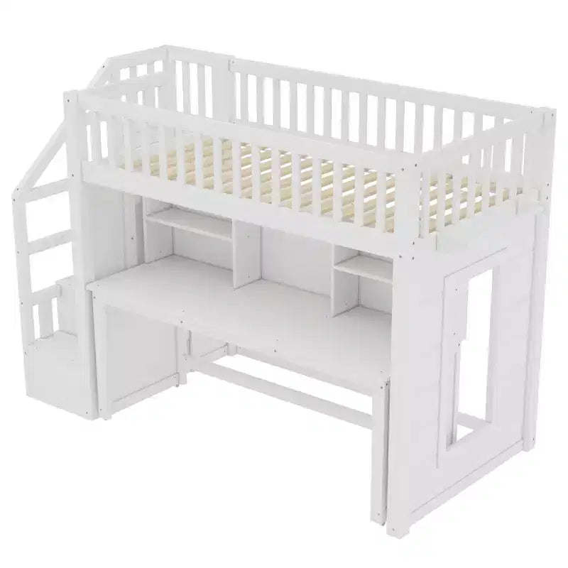 Lit mezzanine jumeau Bellemave avec bureau mobile, escalier de rangement et étagère, aucun sommier tapissier requis