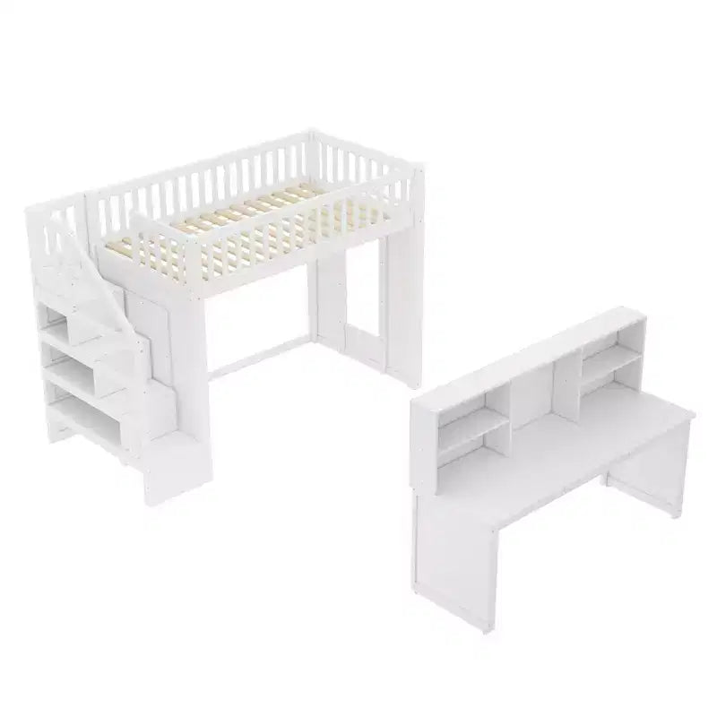 Lit mezzanine jumeau Bellemave avec bureau mobile, escalier de rangement et étagère, aucun sommier tapissier requis