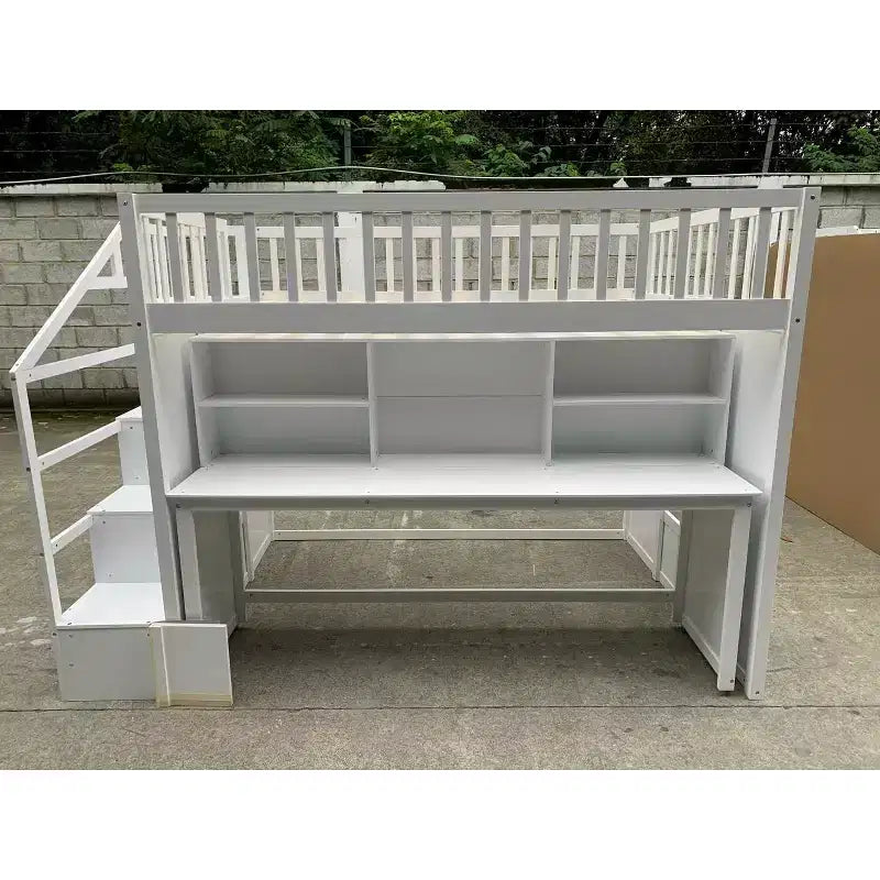 Lit mezzanine jumeau Bellemave avec bureau mobile, escalier de rangement et étagère, aucun sommier tapissier requis