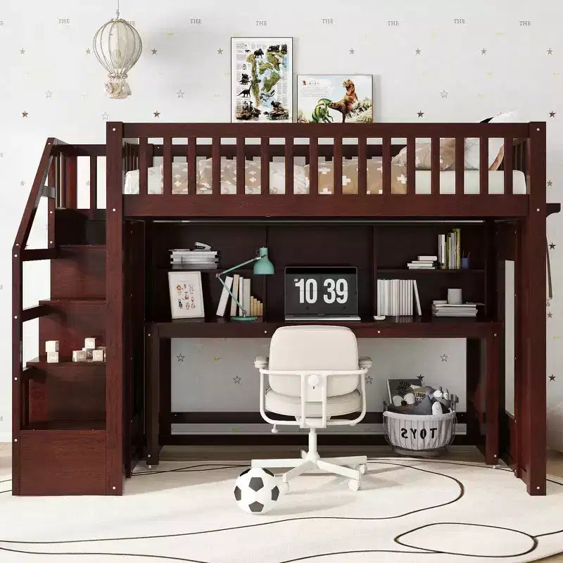 Lit mezzanine jumeau Bellemave avec bureau mobile, escalier de rangement et étagère, aucun sommier tapissier requis