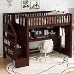 Lit mezzanine jumeau Bellemave avec bureau mobile, escalier de rangement et étagère, aucun sommier tapissier requis