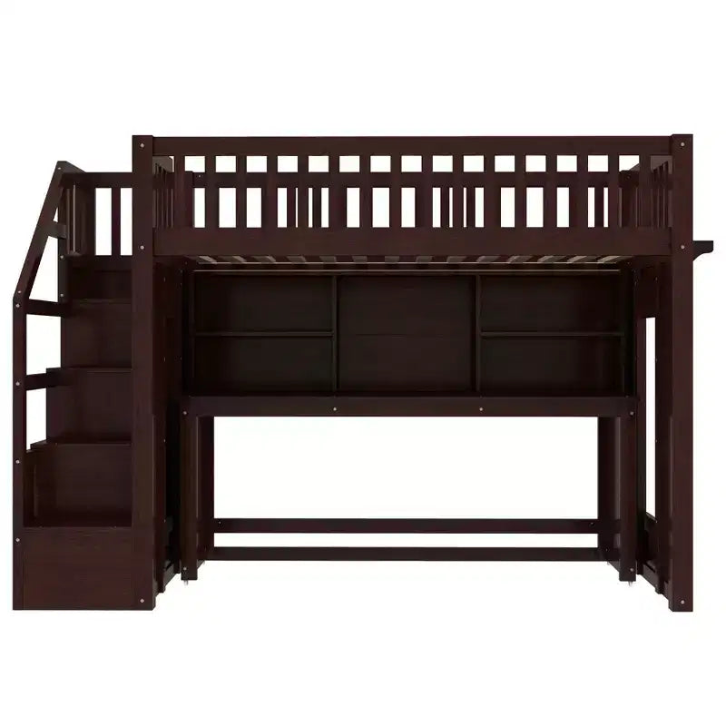 Lit mezzanine jumeau Bellemave avec bureau mobile, escalier de rangement et étagère, aucun sommier tapissier requis