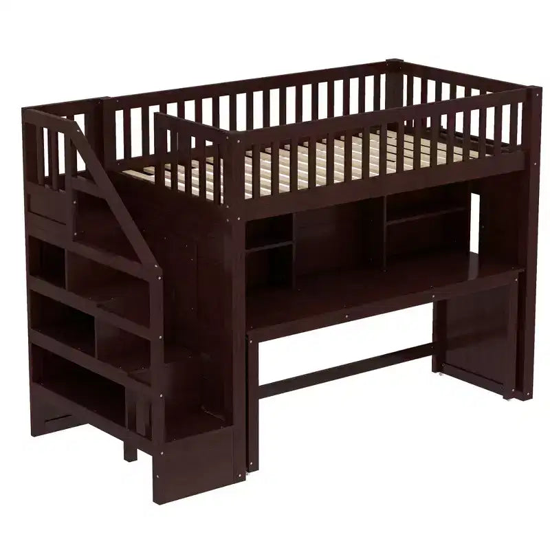 Lit mezzanine jumeau Bellemave avec bureau mobile, escalier de rangement et étagère, aucun sommier tapissier requis