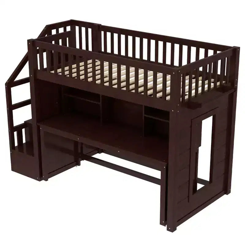 Lit mezzanine jumeau Bellemave avec bureau mobile, escalier de rangement et étagère, aucun sommier tapissier requis
