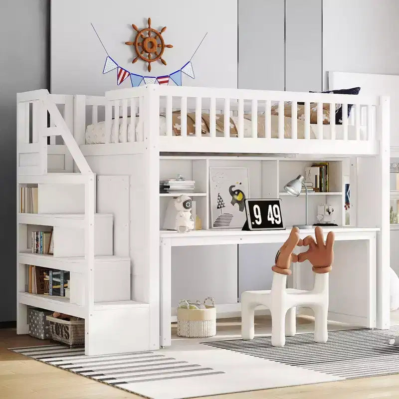 Lit mezzanine jumeau Bellemave avec bureau mobile, escalier de rangement et étagère, aucun sommier tapissier requis