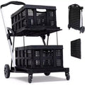 Two Layers Folding Shopping Carts,Multi Use Collapsible Carts with 360 Rolling Swivel Wheels Shopping Cart with Storage Crate for Groceries, Warehouse