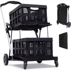 Two Layers Folding Shopping Carts,Multi Use Collapsible Carts with 360 Rolling Swivel Wheels Shopping Cart with Storage Crate for Groceries, Warehouse